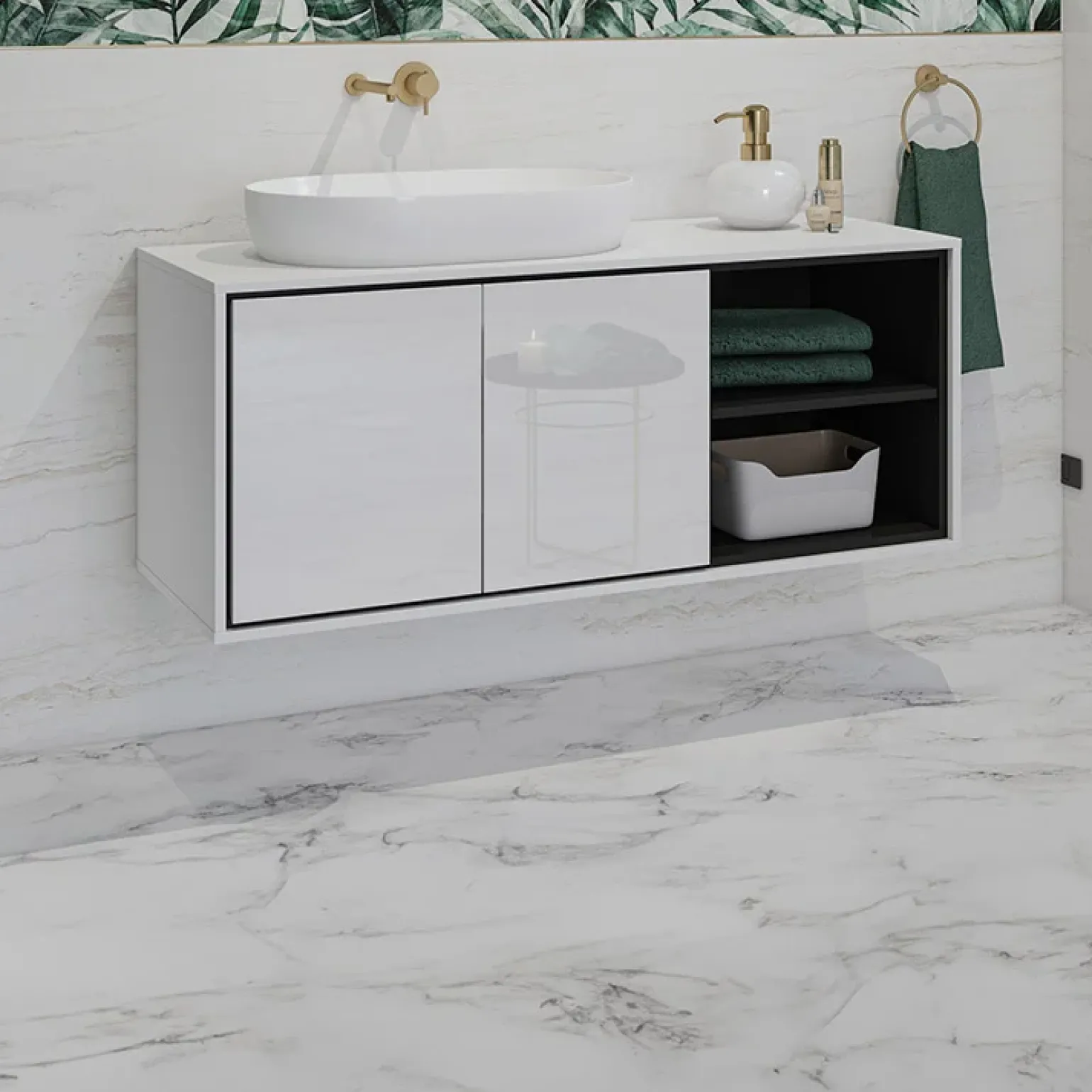 Mobile bagno sospeso 120cm 2 ante e 2 vani a giorno bianco lucido nero Linda