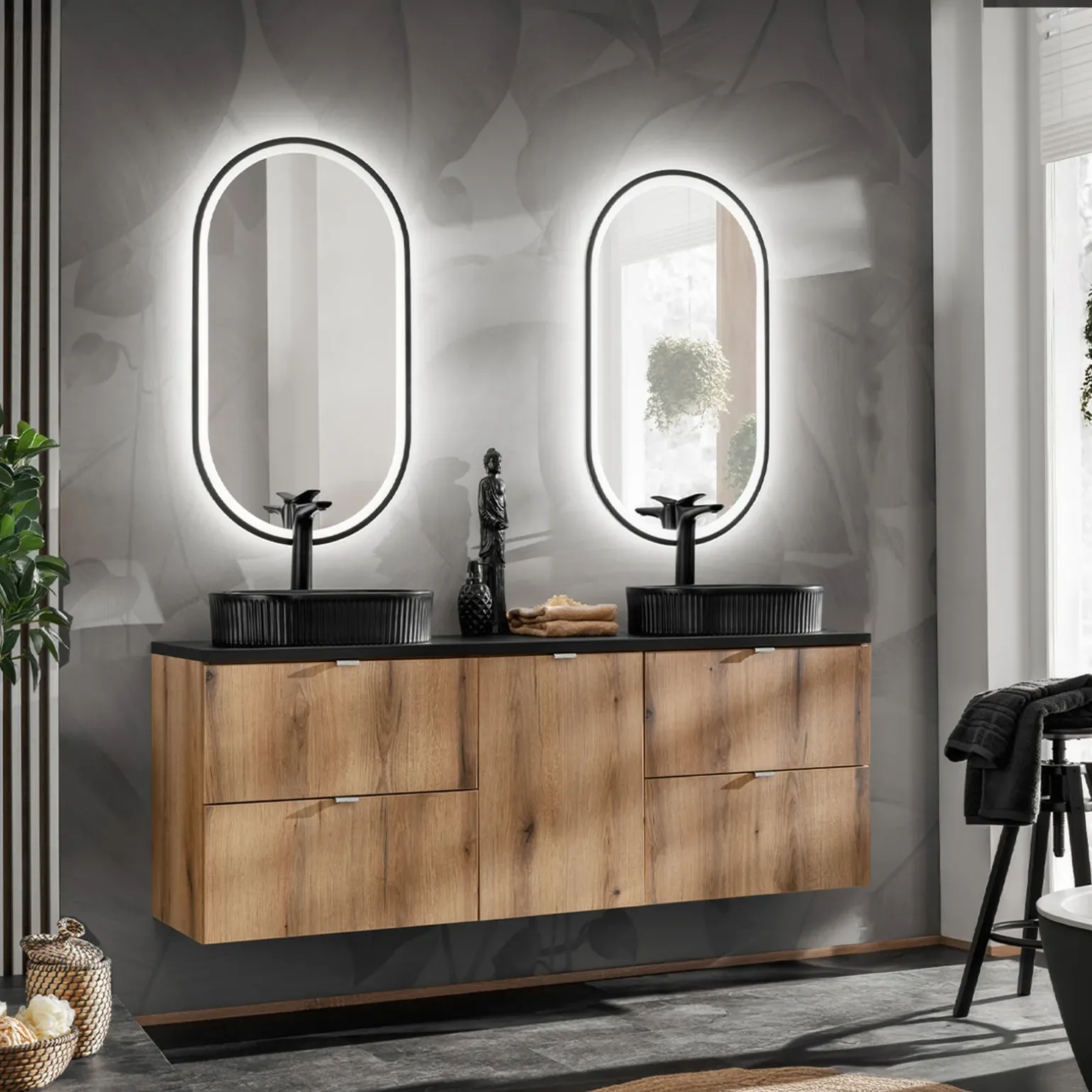 Mobile bagno sospeso 140cm 4 cassetti e portabiancheria rovere nero Rovery