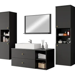 Mobile bagno sospeso 100cm con lavabo, specchio e 2 colonne nero Krom