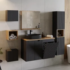 Mobile bagno sospeso 100cm cannettato con portabiancheria nero rovere Cleany