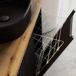 Mobile bagno sospeso 100cm cannettato con portabiancheria nero rovere Cleany