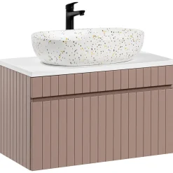 Mobile bagno sospeso 80cm cannettato con lavabo, colonna e specchio rosa Autentic