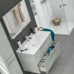 Mobile bagno sospeso 80cm con lavabo e specchio cemento bianco Oscar