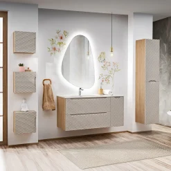 Mobile bagno sospeso 120cm con lavabo, specchio, colonna e 3 pensili beige rovere Swim