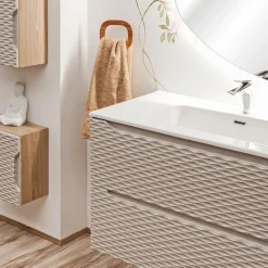 Mobile bagno sospeso 120cm con lavabo, specchio, colonna e 3 pensili beige rovere Swim