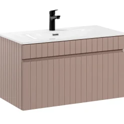 Mobile bagno sospeso 80cm cannettato con lavabo da incasso, colonna e specchio rosa Autentic