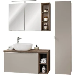 Mobile bagno sospeso 80cm con lavabo, mobile specchio e colonna grigio quercia Serif