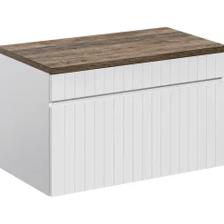 Mobile bagno sospeso 100cm cannettato con lavabo, colonna e specchio bianco quercia Autentic