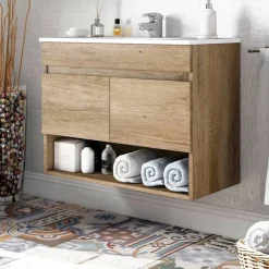 Mobile bagno sospeso 80cm con lavabo e specchio rovere nordik Dexter
