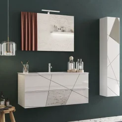Mobile bagno sospeso 100cm con lavabo 2 cassetti bianco lucido specchi Olimpo