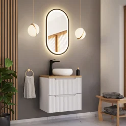 Mobile bagno sospeso 60cm cannettato 2 cassetti bianco rovere Cleany