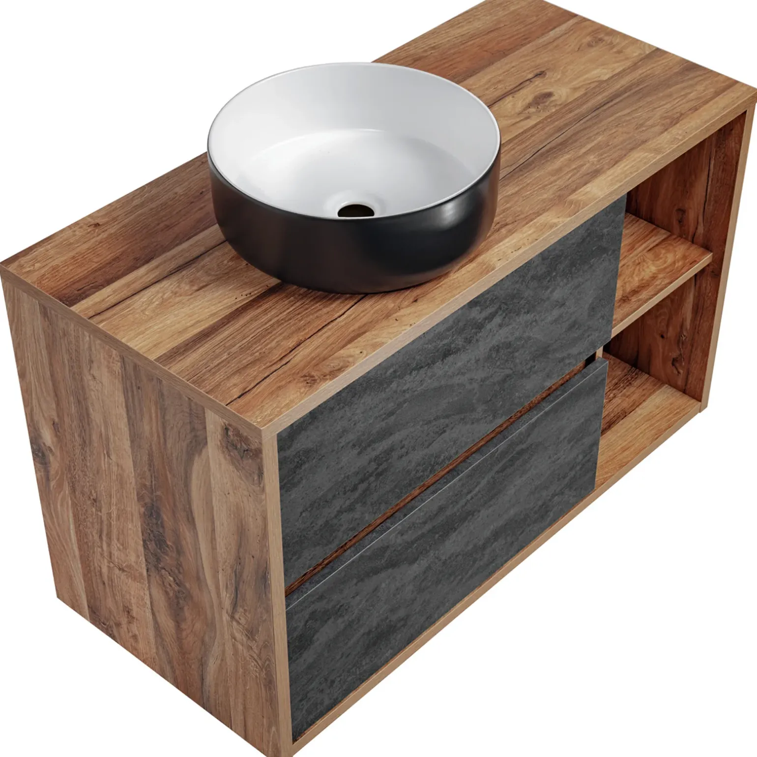 Mobile bagno sospeso 100cm con lavabo, specchio e colonna rovere antracite Stony