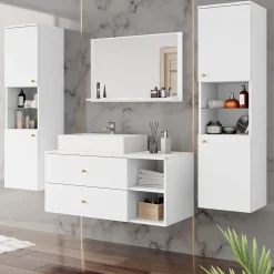 Mobile bagno sospeso 100cm con lavabo, specchio e 2 colonne bianco Krom
