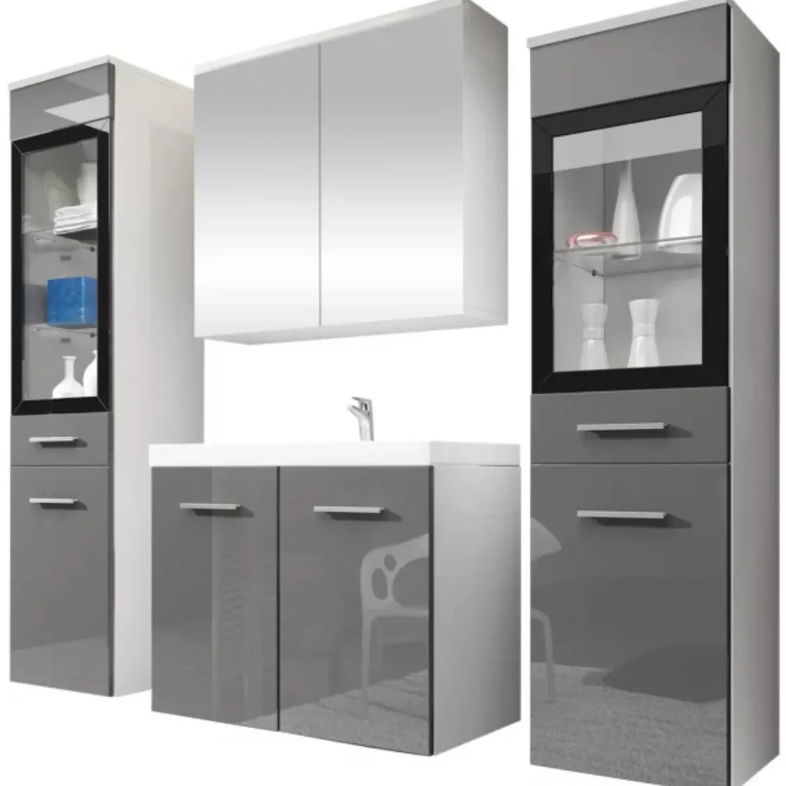 Mobile bagno sospeso 60cm con lavabo, specchio e 2 colonne grigio lucido bianco Luz