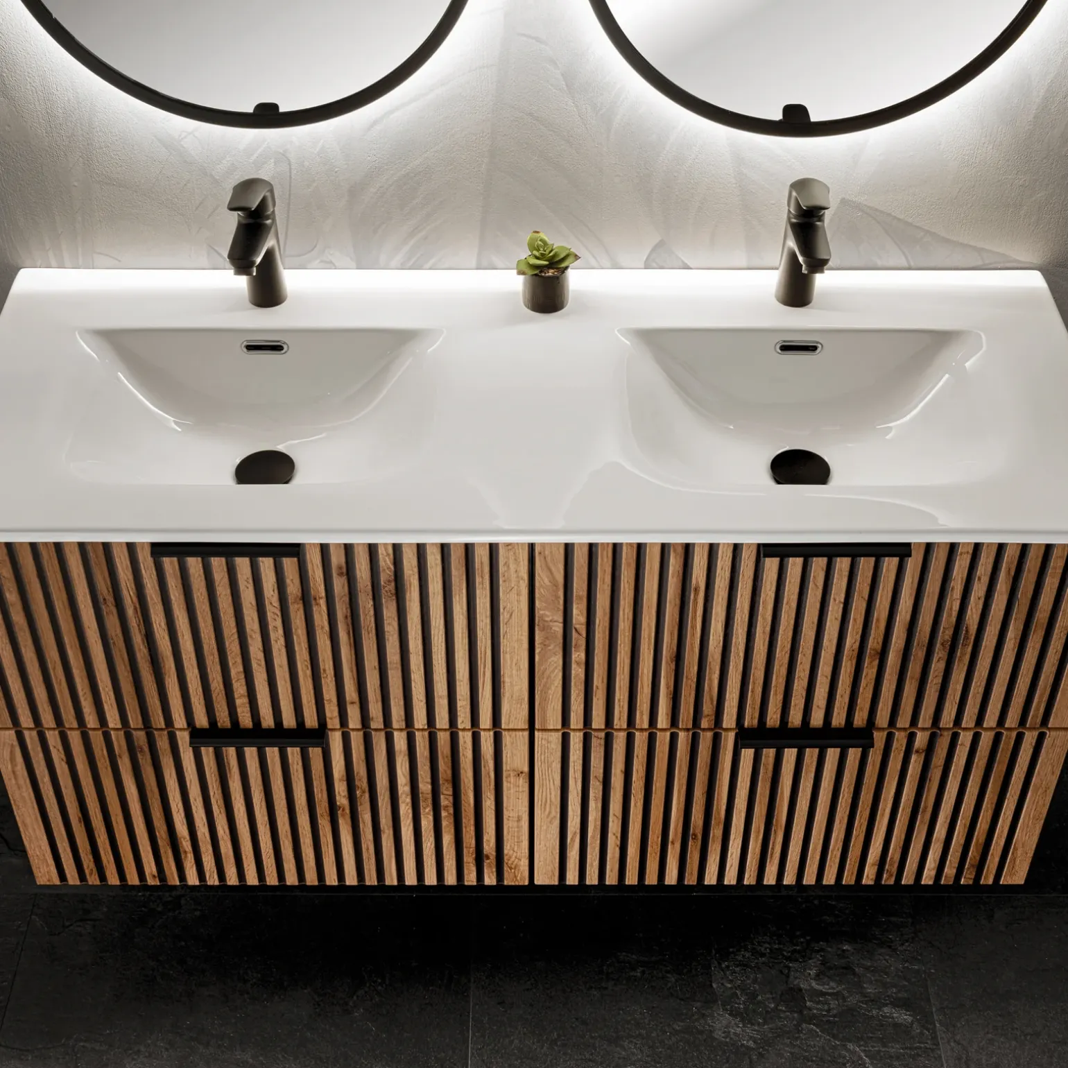 Mobile bagno sospeso 120cm cm con 2 lavabi da incasso, 2 specchi e colonna quercia antracite Limpid