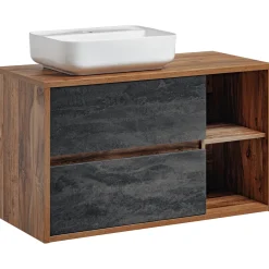 Mobile bagno sospeso 100cm con lavabo, mobile specchio e colonna rovere antracite Stony