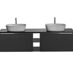 Mobile bagno sospeso 140cm con 2 lavabi, specchio e colonna nero Serif
