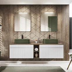 Mobile bagno sospeso 180cm cannettato 2 cassettoni bianco quercia Autentic