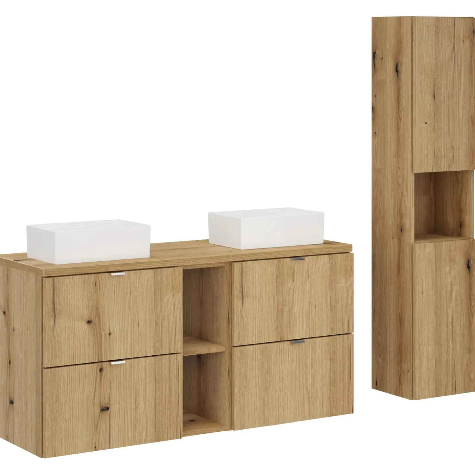 Mobile bagno sospeso 100cm con 2 lavabi, 4 cassetti e colonna rovere Rovery