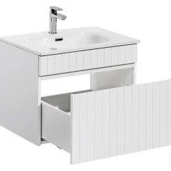 Mobile bagno sospeso 60cm cannettato con lavabo da incasso, colonna e specchio bianco Autentic