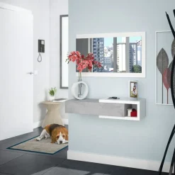 Mobile ingresso sospeso 95x99h cm con specchio bianco opaco cemento Mercury