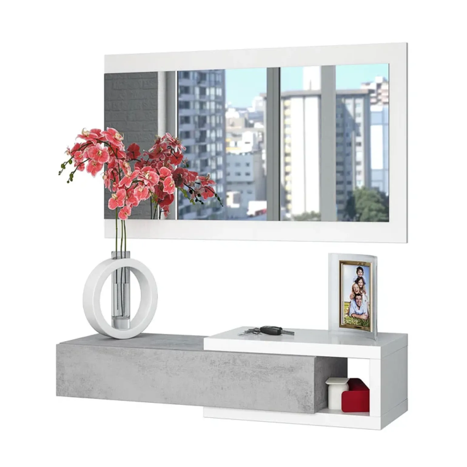 Mobile ingresso sospeso 95x99h cm con specchio bianco opaco cemento Mercury