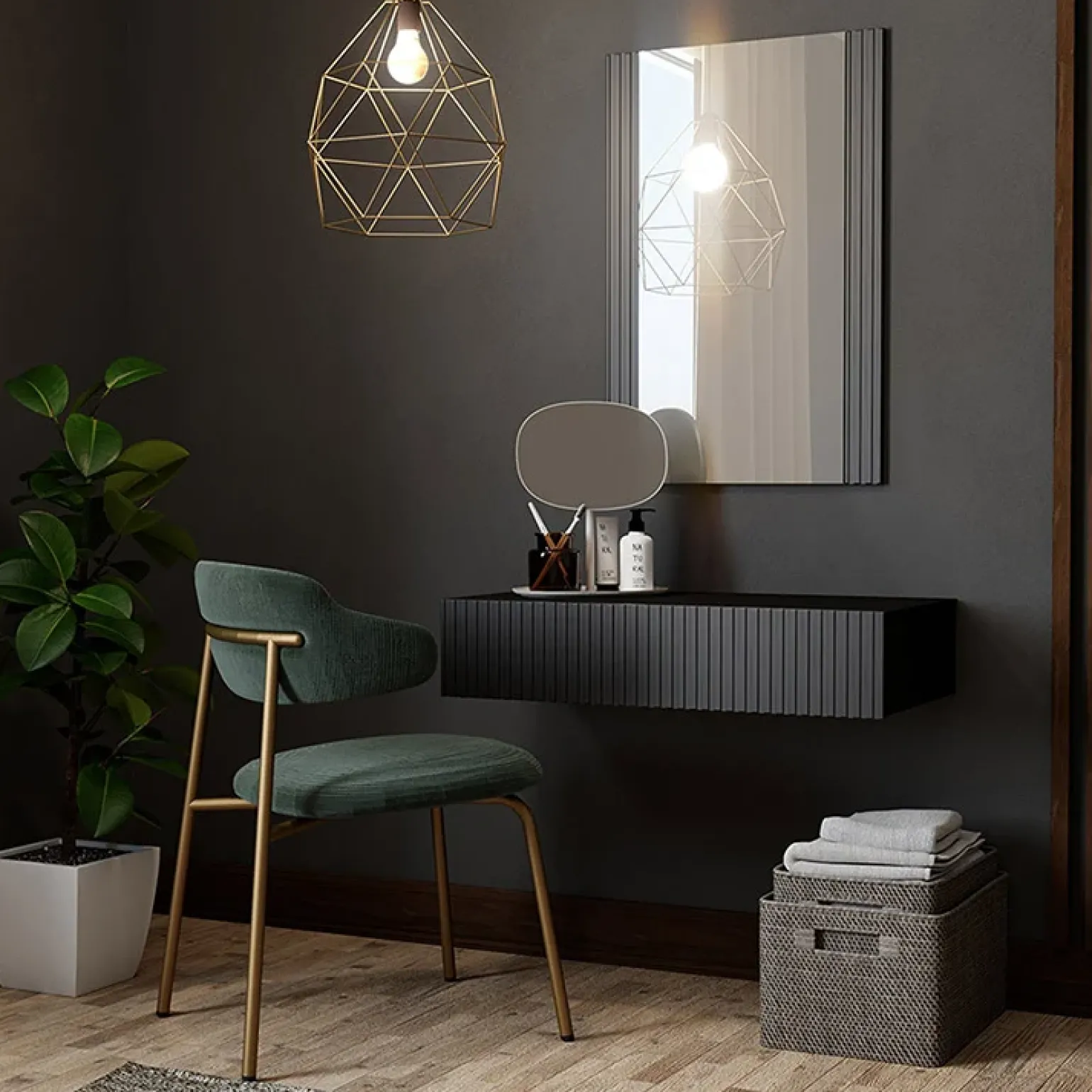 Mobile ingresso sospeso 80x97h cm con specchio cannettato nero Essence