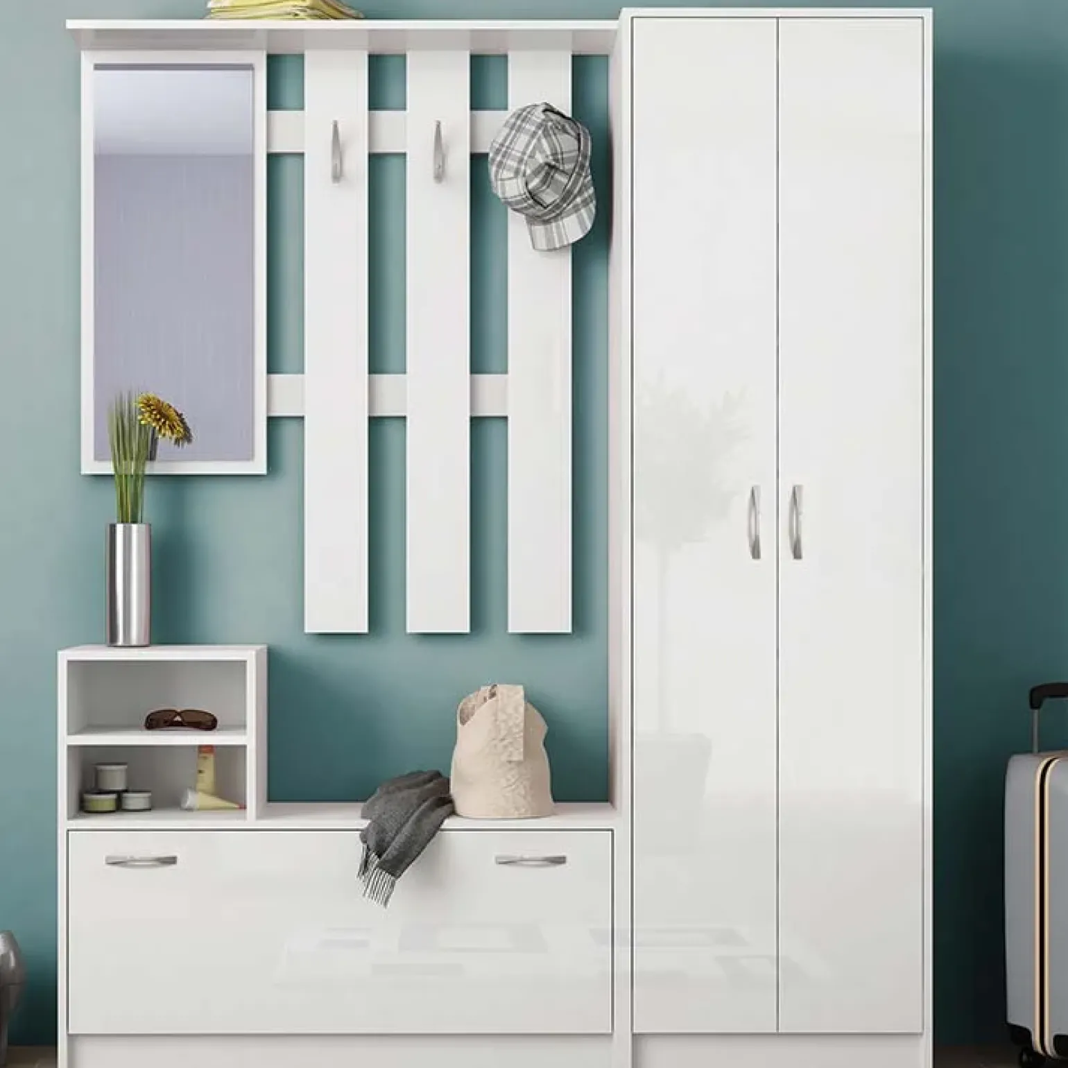 Mobile ingresso 155x190h cm appendiabiti scarpiera con specchio bianco lucido Atlanta