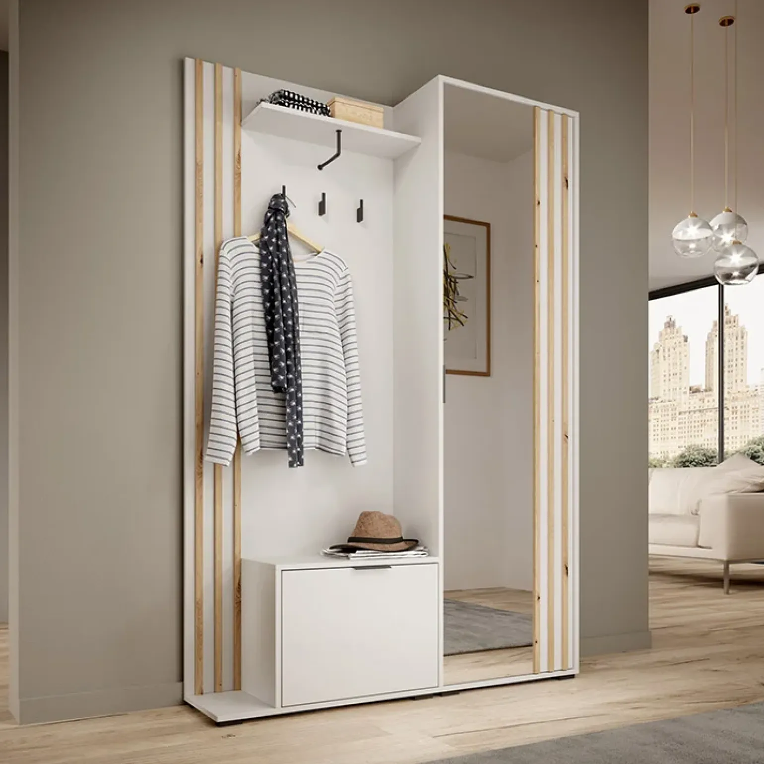 Mobile ingresso 132x192h cm con specchio moderno quercia bianco Miller