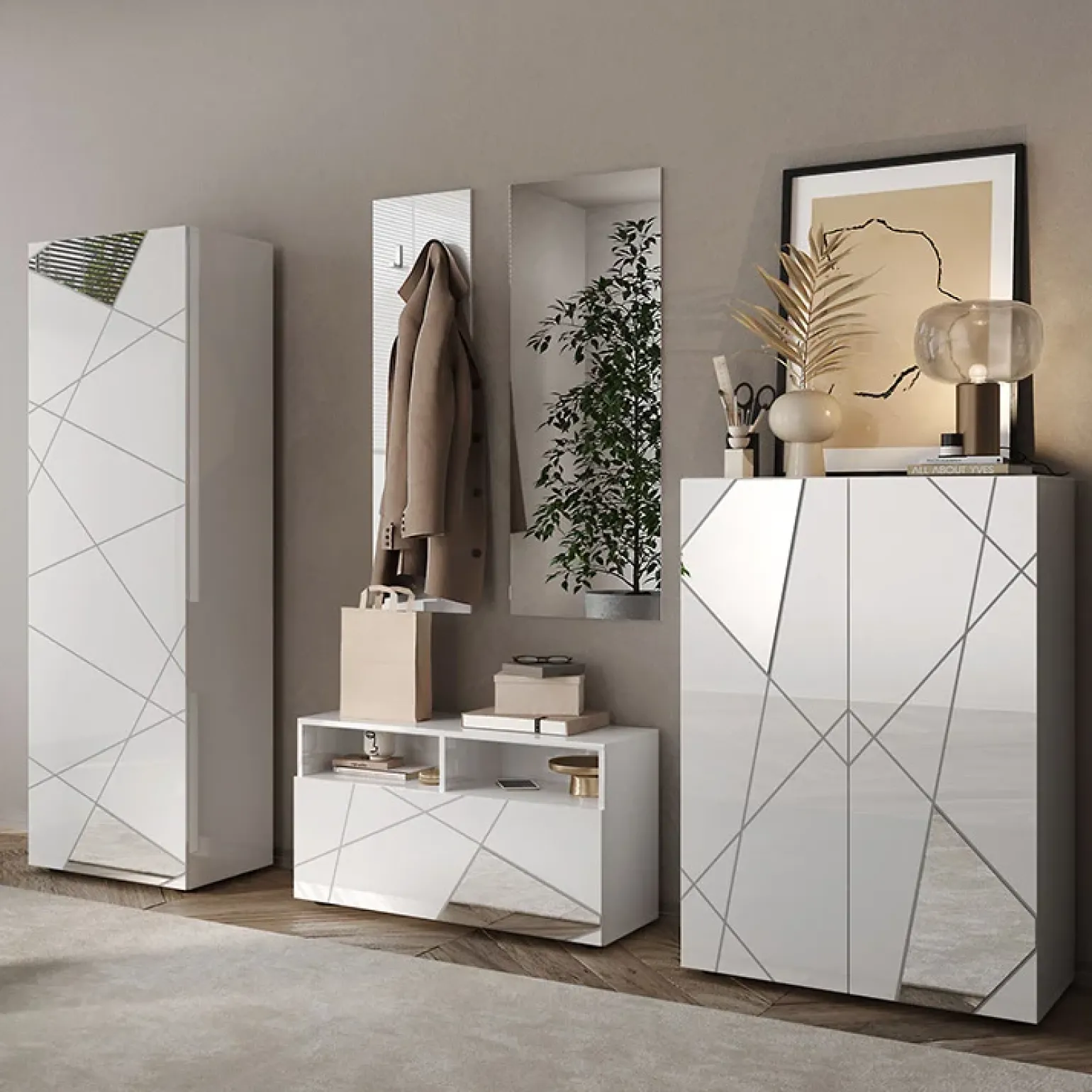 Mobile ingresso 91x189h cm design moderno bianco lucido specchio Olimpo