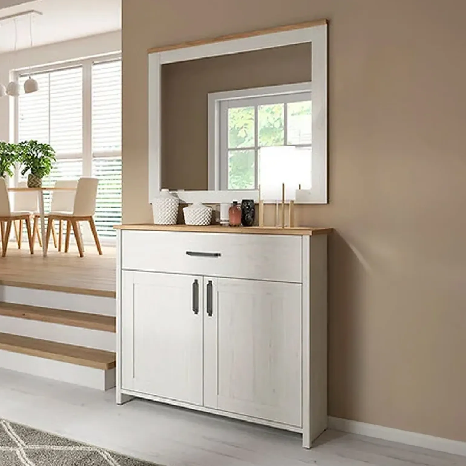 Mobile multiuso 102x99h cm 2 ante 1 cassetto scandinava bianco frassinato rovere Lars