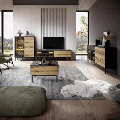 Mobile porta TV 180x55h cm 2 ante con led nero opaco rovere Amel