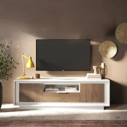 Mobile porta TV 184x58h cm 2 ante 1 cassetto bianco opaco rovere scuro Deluxe