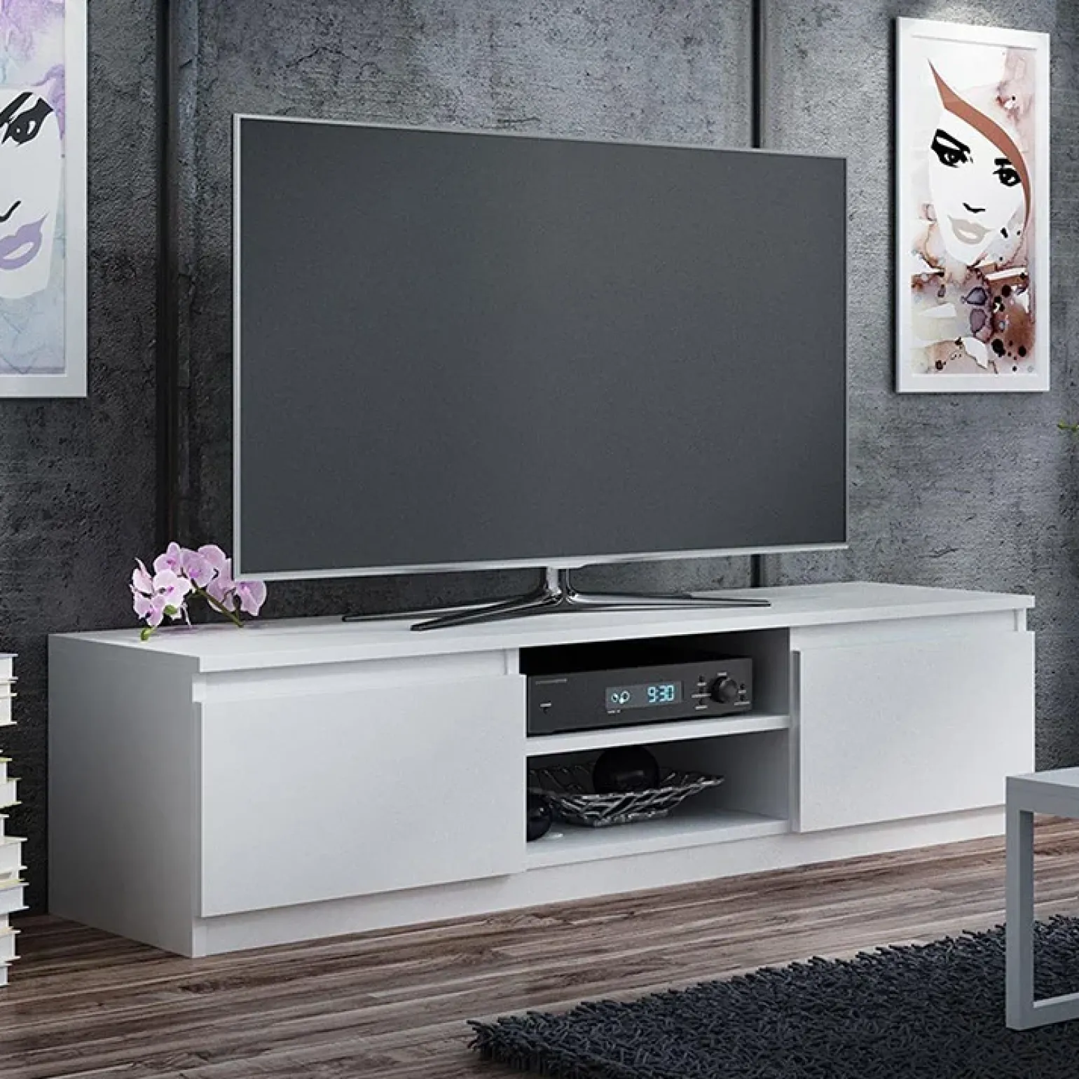 Mobile porta TV 140x36h cm 2 ante 2 vani moderno bianco Hippo