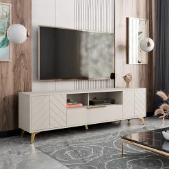 Mobile porta TV 204x60h cm 2 ante 2 cassetti 2 vani a giorno beige con frontali serigrafati  Miriam