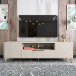 Mobile porta TV 204x60h cm 2 ante 2 cassetti 2 vani a giorno beige con frontali serigrafati  Miriam
