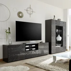 Mobile porta TV 181x57h cm 2 ante 1 cassetto soggiorno grigio laccato lucido Paradise