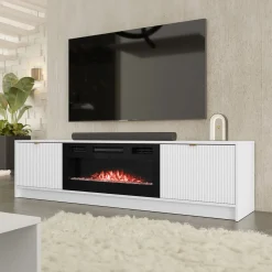 Mobile porta TV 182x48h cm 2 ante con caminetto  bianco cannettato nero Athena