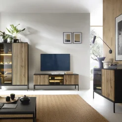 Mobile porta TV 153x56h cm 3 ante moderno nero rovere antico cannettato Bali