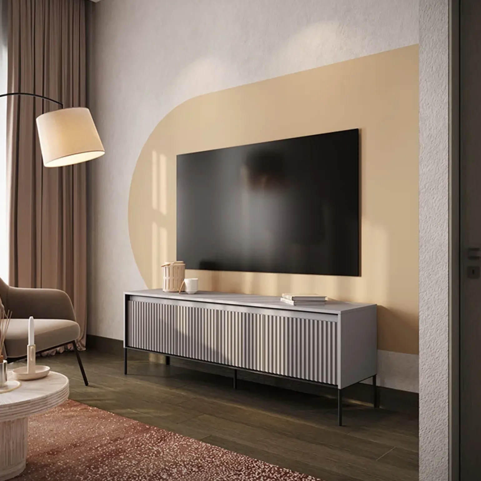 Mobile porta TV 167x56h cm 2 ante led cannettato grigio nero Camelia