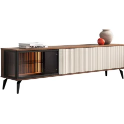 Mobile porta tv 180x50h cm 3 ante con LED cannettato noce beige Evelina