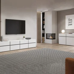 Mobile porta TV 225x48h cm 4 ante a ribalta 4 cassetti moderno bianco opaco nero Lolla