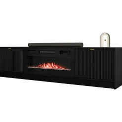 Mobile porta TV 182x48h cm 2 ante con caminetto nero cannettato Athena