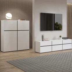 Mobile porta TV 180x48h cm 3 ante a ribalta 3 cassetti bianco opaco nero Lolla