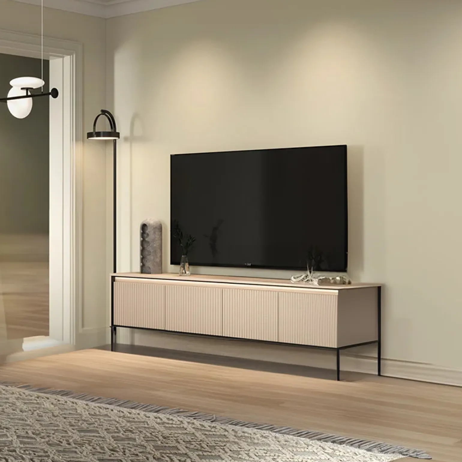 Mobile porta TV 167x56h cm 2 ante led cannettato beige nero Camelia
