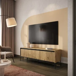 Mobile porta TV 167x56h cm 2 ante led cannettato rovere rustico nero Camelia