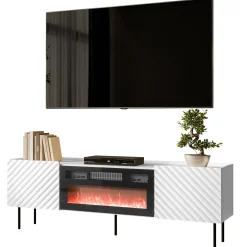 Mobile porta TV 181x59h cm 2 ante con caminetto con frontali decorati bianco Daniele