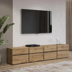 Mobile porta TV 225x48h cm 4 ante a ribalta 4 cassetti moderno rovere nero Lolla