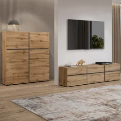 Mobile porta TV 225x48h cm 4 ante a ribalta 4 cassetti moderno rovere nero Lolla