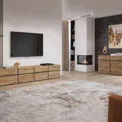 Mobile porta TV 225x48h cm 4 ante a ribalta 4 cassetti moderno rovere nero Lolla